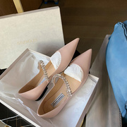 裸粉色平底单鞋女2022夏韩版尖头水钻，浅口仙女风平跟软底船鞋