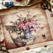 精准印花dmc十字绣套件卧室挂画花卉，复古花园椅上玫瑰亚麻布