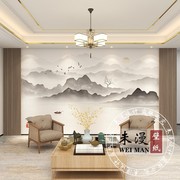 新中式水墨画山水大气意境电视沙发背景墙纸壁纸客厅卧室装饰壁画