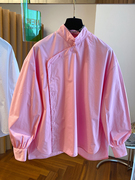 粉色长袖立领衬衫女2024新中式旁口斜襟纯棉国潮灯笼袖上衣打底衫