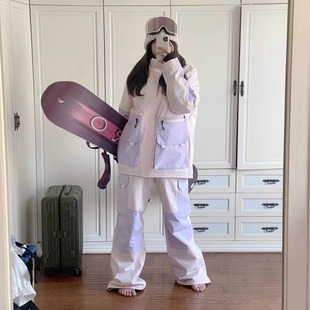 昆白粉紫色滑雪服套装外套女2023秋冬季设计感防风防水款棉服