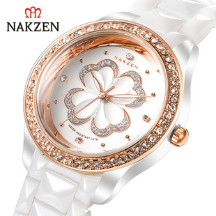 nakzen日本机芯水钻四叶草，陶瓷时尚女表防水石英女士玫瑰金色手表