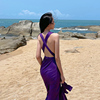 三亚海边度假拍照连衣裙超仙交叉绑带挂脖露背紫色沙滩裙夏季超仙