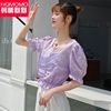 2023紫色雪纺衫女夏季短袖，镂空高腰短款洋气显瘦掐腰小衫上衣