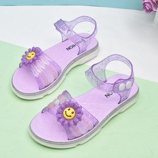 夏季女童水晶凉鞋塑胶软底防滑公主果冻鞋，中大童儿童花朵透明凉鞋