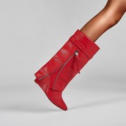 欧美外贸尖头侧流苏拉链，折叠靴高跟大码裤管，靴女本命年红色中筒靴