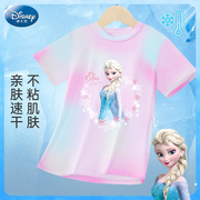 迪士尼女童短袖t恤爱莎公主，速干衣女孩2024儿童夏装宝宝上衣