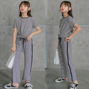2020女童夏网红韩版条纹直筒裤套装中大童洋气短袖T恤两件套