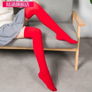 天鹅绒长筒袜日系高筒袜(高筒袜，)女裙靴丝袜，春秋不透肉学生袜糖果袜大红色