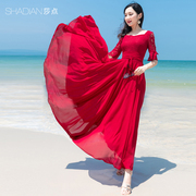 莎点雪纺大摆连衣裙酒红色蕾丝沙滩裙 很仙法国小众气质长裙
