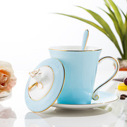 勺描金杯套装带杯碟素雅骨瓷杯碟杯碟简约带盖纯色茶餐厅咖啡厅