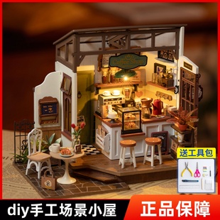 若来咖啡店diy小屋木制拼装模型小房子积木，迷你微缩场景创意别墅