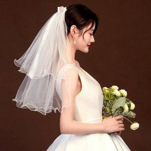 新娘头纱头饰超仙结婚拍照道具短款森系婚纱头纱，领证白色头纱简约