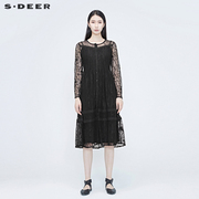 sdeer圣迪奥女装夏季复古镂空蕾丝黑色，空调衫外套s20281801