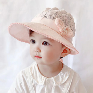 婴儿帽子春夏薄款大檐遮阳防晒女宝宝蕾丝甜美公主，可爱超萌渔夫帽