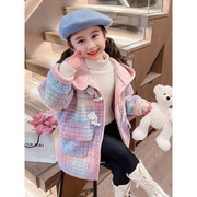 女童韩版洋气外套2023儿童中长款冬装上衣秋冬季保暖格子大衣