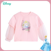 迪士尼童装女童长袖T恤假两件春秋网纱拼接袖子中小童灰姑娘上衣