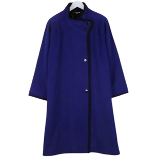 日制MADUSON 蓝色设计感立领包边泡泡袖高端羊毛羊绒大衣女中长款