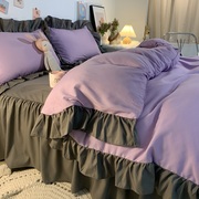韩式纯紫色公主风荷叶，花边被套床单床裙四件套，学生宿舍床上三件套
