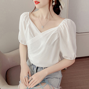 韩国雪纺衬衫女白色夏季洋气宽松网纱泡泡袖衬衣气质套头V领上衣
