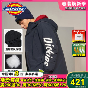 dickies棉服男连帽情侣款潮牌，字母印花冬装，保暖加棉衣厚外套9545