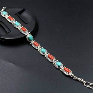 印度尼泊尔手工925银饰品宝石绿松石手链女个性创意复古藏式民风