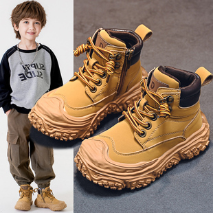男童马丁靴2023秋冬防水棉鞋皮鞋工装中大童短靴加绒儿童靴子