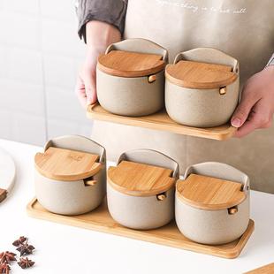 日式创意简约竹盖陶土调味罐厨房调味调料盒防潮糖盐罐三件套装