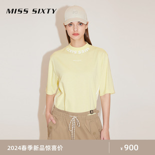 Miss Sixty2024春季含桑蚕丝T恤女半高领撞色印花休闲运动风