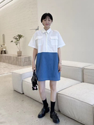 韩国chic夏季小众设计感翻领双口袋撞色拼接短袖牛仔衬衫连衣裙女