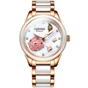 机械蝴蝶镶钻手表瑞士品牌女时尚陶瓷圆形不锈钢夜光国产腕表