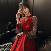 礼服裙女宴会气质夏季红色假两件套裙子中长款袖子网纱拼接连衣裙
