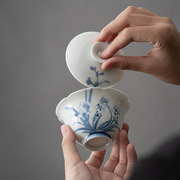 手绘兰花盖碗茶杯青花瓷泡茶杯，单个二才茶碗陶瓷，泡茶器不烫手茶具