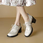 春季女鞋布洛克雕花系带真皮单鞋圆头粗跟高跟深口小皮鞋