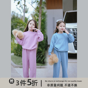 史豌豆女童套装秋季2023幼儿园洋气长袖长裤华夫格休闲两件套