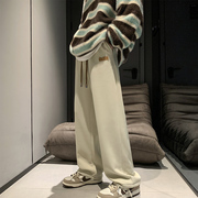 米色加绒裤子男小众设计感直筒裤冬季加厚宽松休闲裤美式重磅卫裤