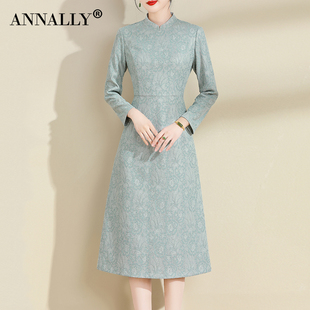 Annally冬季优雅婉约复古气质新中式立领蕾丝连衣裙绿色
