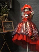 定制儿童礼服大红色前短后长亮片女童主持钢琴表演走秀国庆演出礼
