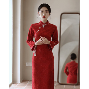 红色旗袍敬酒服新中式年轻款新娘结婚订婚礼服连衣裙女秋冬季长袖