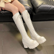 米白色秋冬季超高跟，10cm长靴厚底，粗跟高筒真皮不过膝长筒靴骑士靴