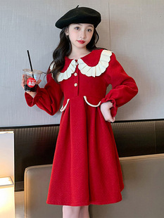 女童红色连衣裙秋冬季大童礼服加绒女孩公主裙冬装打底儿童拜年服