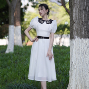 PL原创设计连衣裙2023女钉钻显瘦白色公主工褶长款泡泡袖礼服