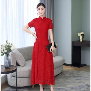 2024礼仪中国红女改良奥黛旗袍裙短袖，红色长款蕾丝连衣裙年轻