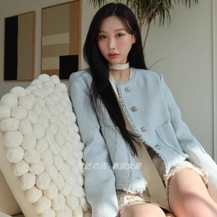 4361loe***韩国设计师品牌春季香风外套清凉蓝米混色圆领一排系扣