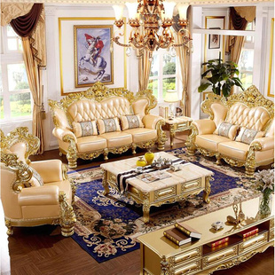 欧式真皮沙发123组合实木双面，奢华雕花大小户型别墅客厅家具