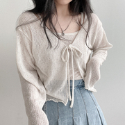 韩国chic春季时尚设计感绑带V领薄款针织防晒开衫外套吊带两件套
