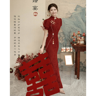 红色旗袍敬酒服新娘，中式订婚连衣裙，出阁宴礼服女2024平时可穿