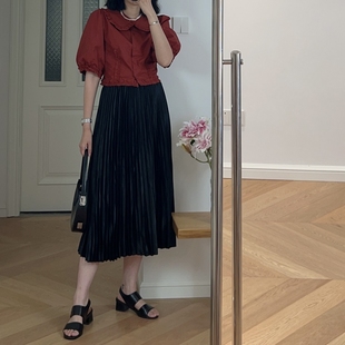 夏装 法式赫本风黑色百褶半身裙中长裙 0.32KG