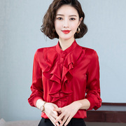 红色雪纺衬衫女长袖，2023年春秋荷叶，边领职业衬衣洋气打底上衣