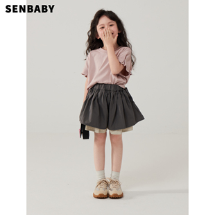 senbaby女童短袖t恤儿童夏装套装，中大童韩版粉色上衣+休闲短裤裙